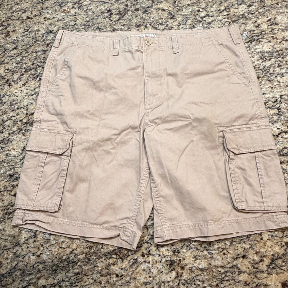 Sonoma Goods For Life Mens Tan Khaki Cargo Shorts Size 44 Cotton Twill Utility